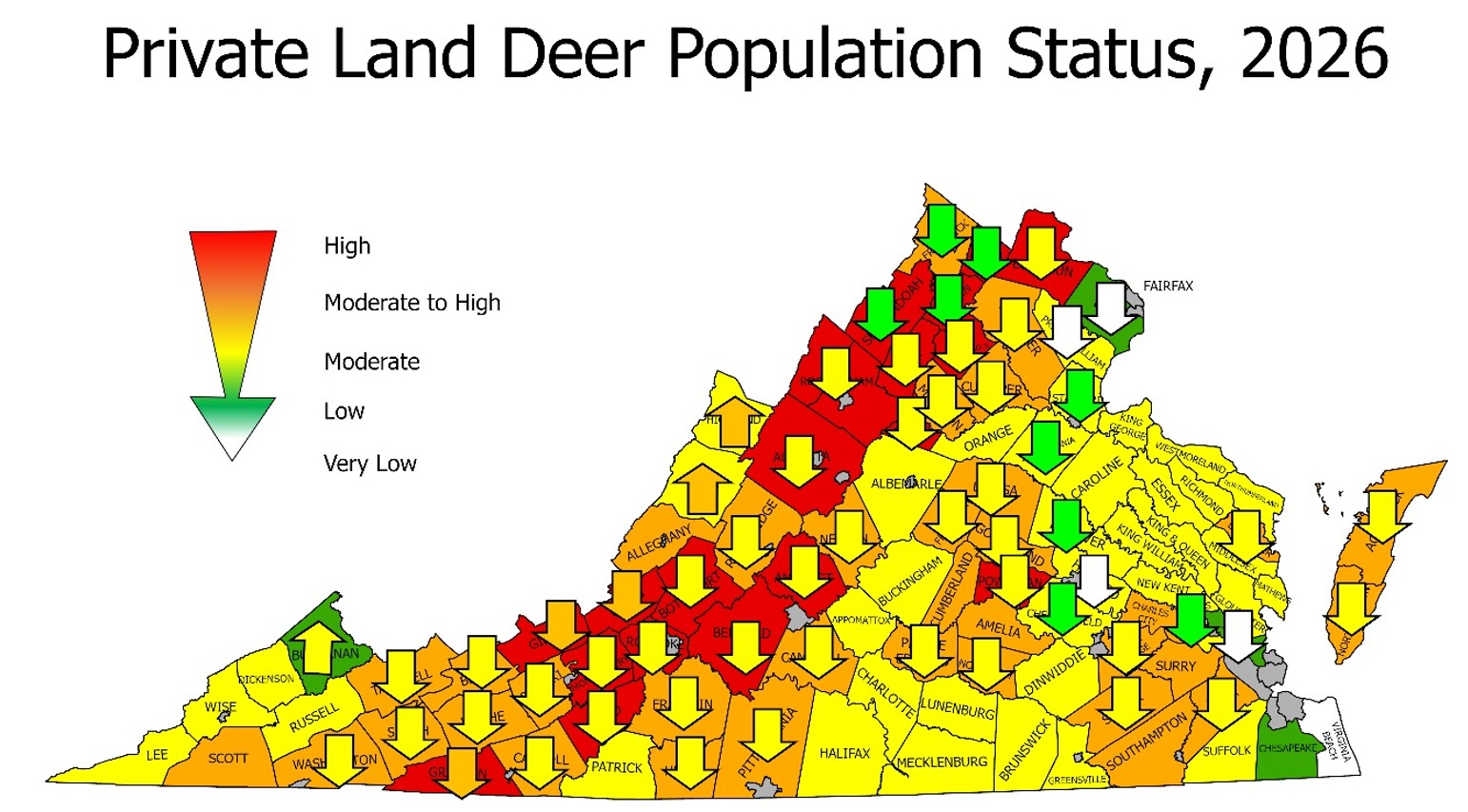 A map of Virginia with counties shown in varying shades of yellow, orange, and red, with arrows overlaid pointing up and down.