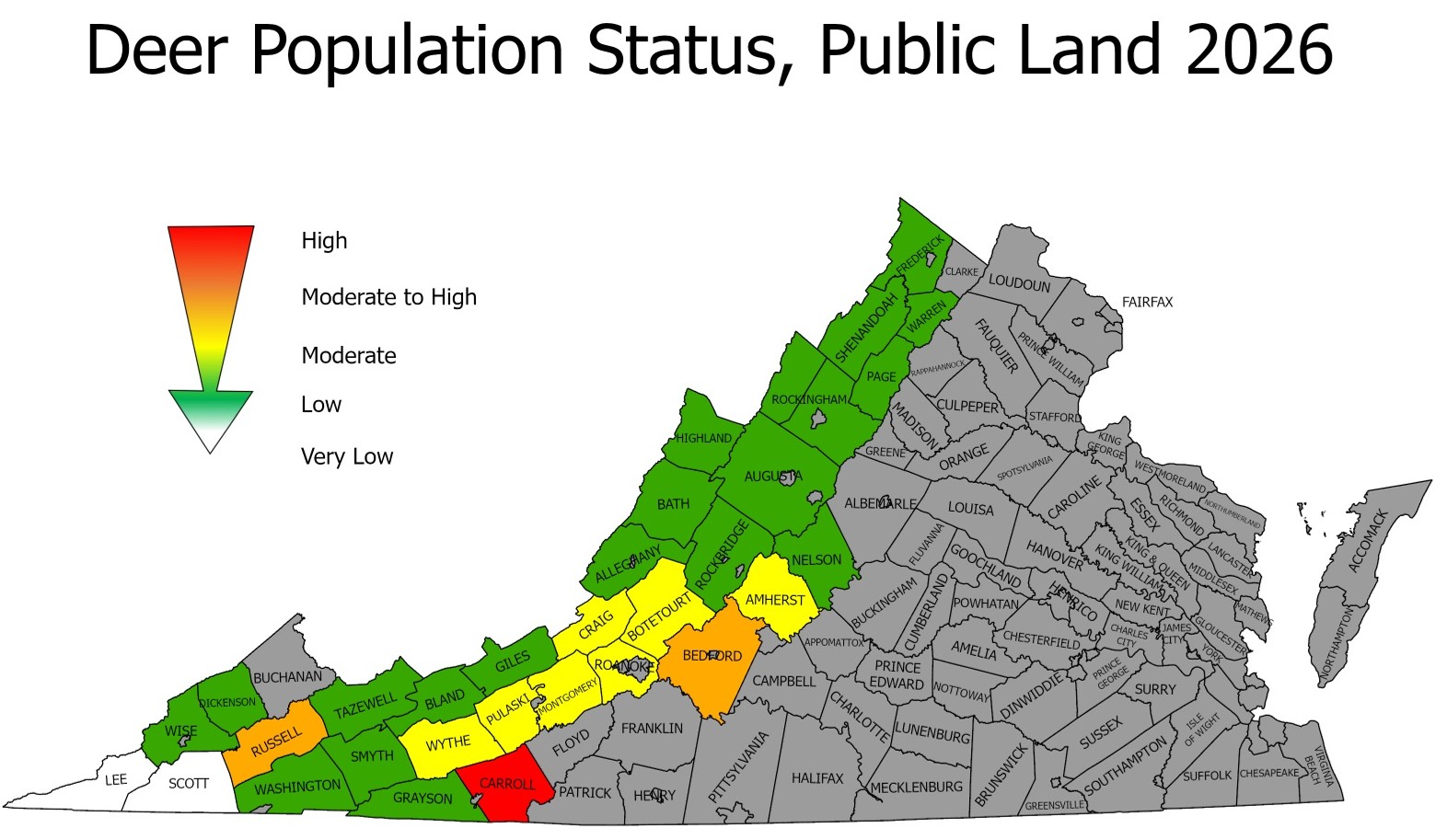 A map of Virginia with the majority of the states in the eastern portion in gray, with states in the western portion green, yellow, orange, and red, indicating their levels of deer population.