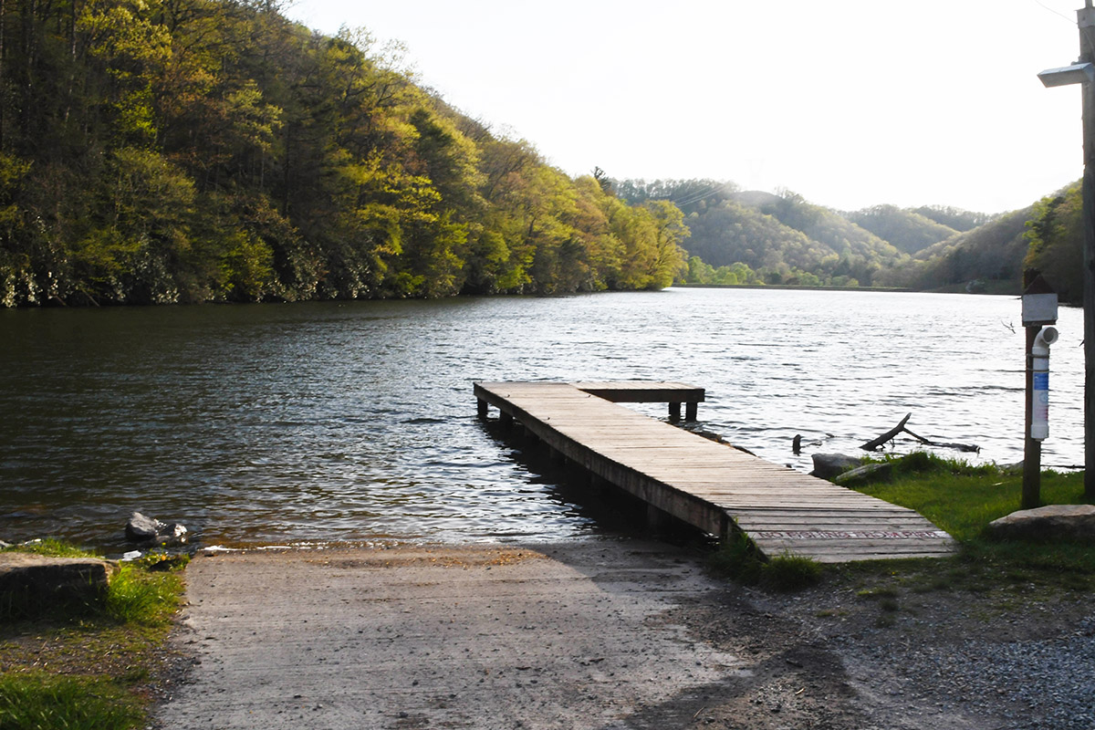 The wooden boat ramp at Hungry Mother Lake in Hungry Mother State Park.
