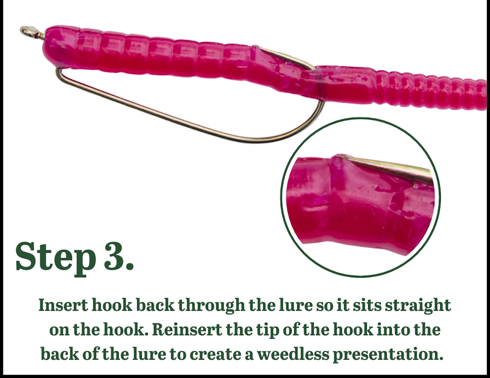 Three illustrations showing how to insert the lure onto the hook for a Texas rig.