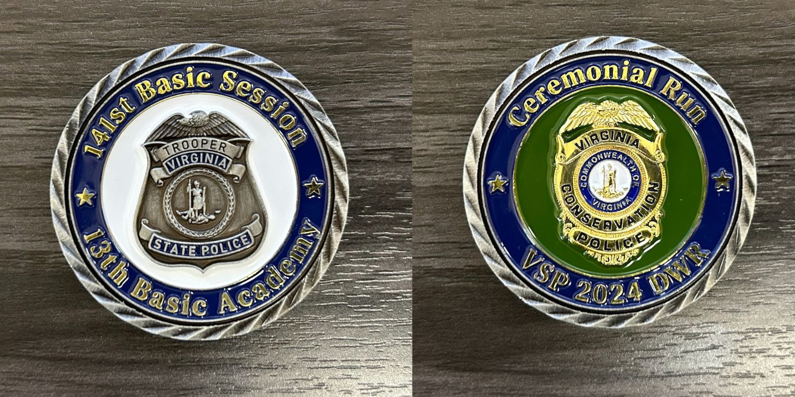 A photo of two sides of a ceremonial coin. One side with the logo of the Virginia State Police, the other with the DWR logo.