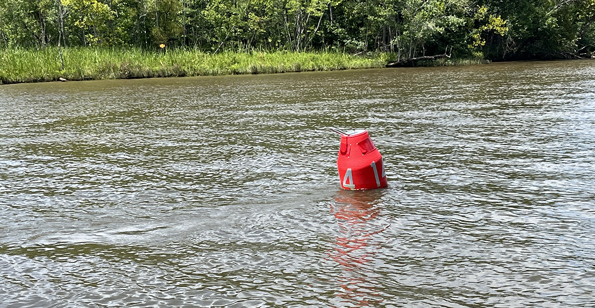 An image of a buoy being rocked by the river's current