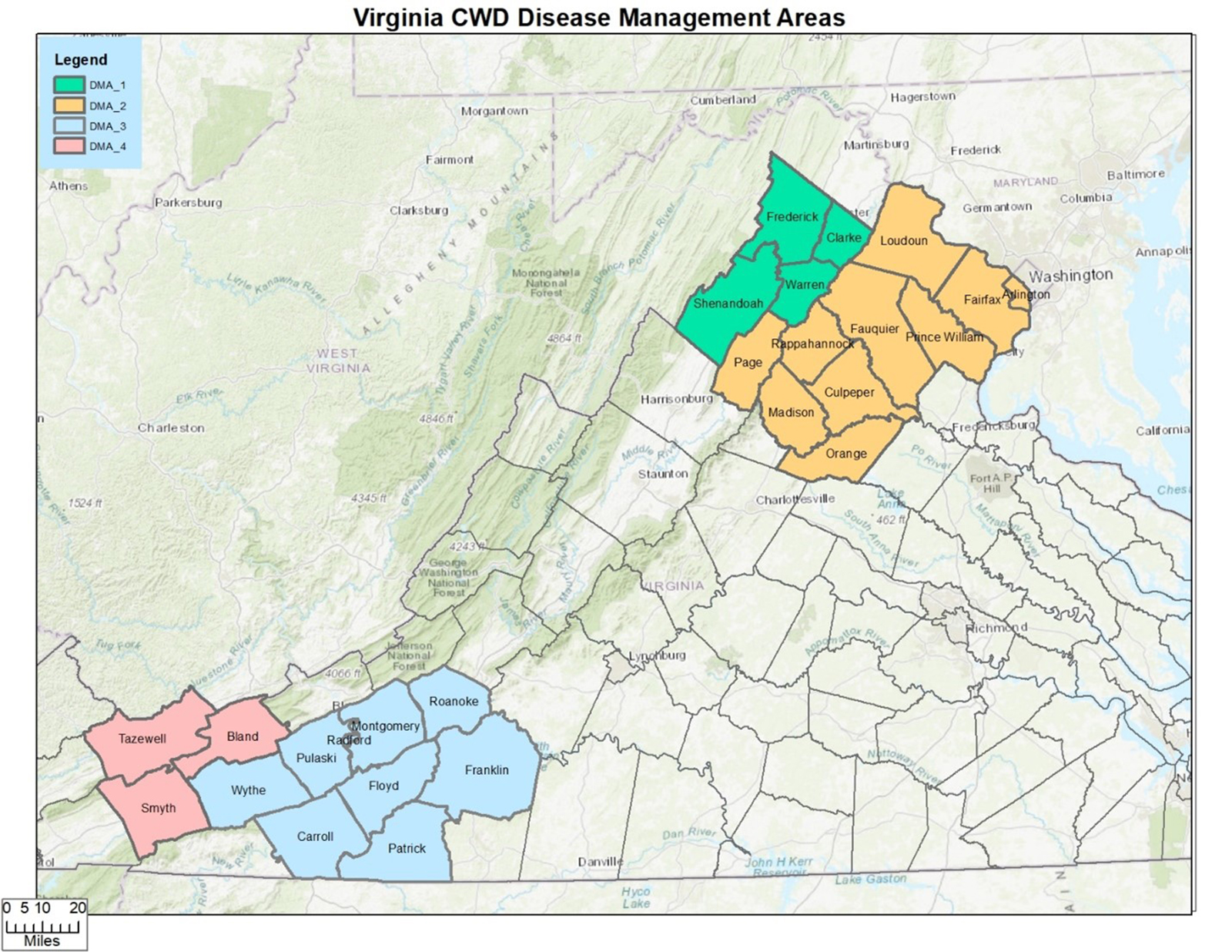 A map of Virginia with certain counties colored orange, green, blue, and pink.