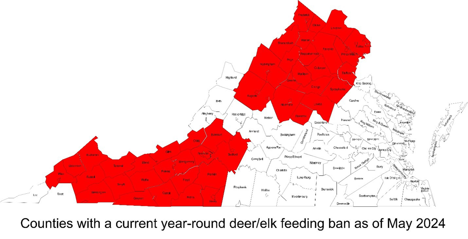 A map of Virginia counties with some counties in the north in red and many in the Southwest in red.