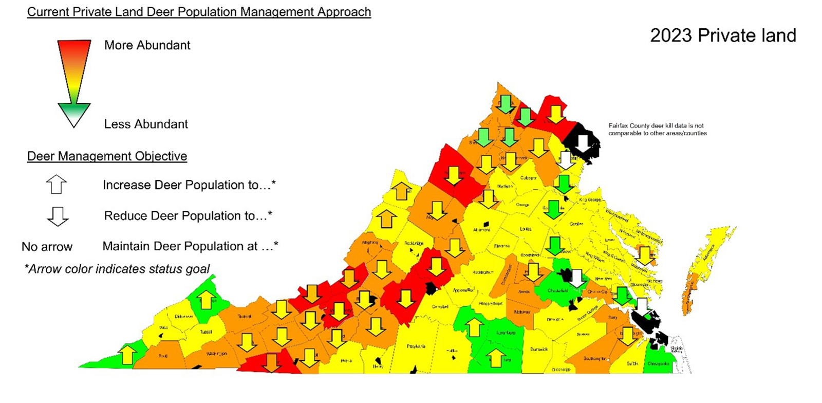 A map of Virginia with counties in different colors from green to yellow, orange, and red, with yellow up and down arrows on various counties.