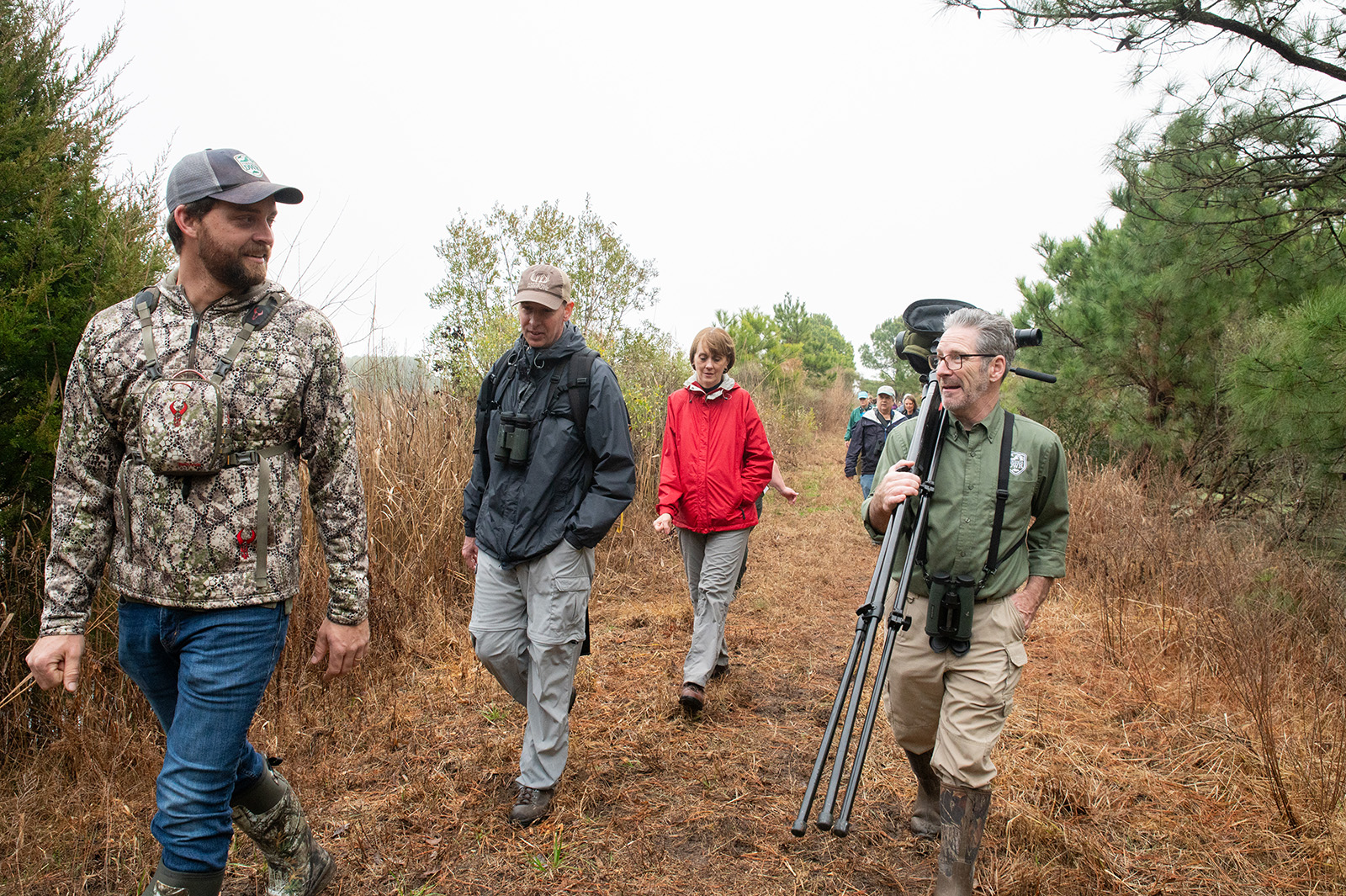 A photo of a group of six people walking along a path between pine trees. One man has a spotting scope over his shoulder.