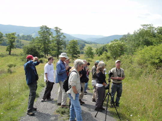 Dan, Patti Reum (far right) and Appalachian Ecology class studying birds at future kestrel monitoring sites in the Bluegrass Valley of Highland county.