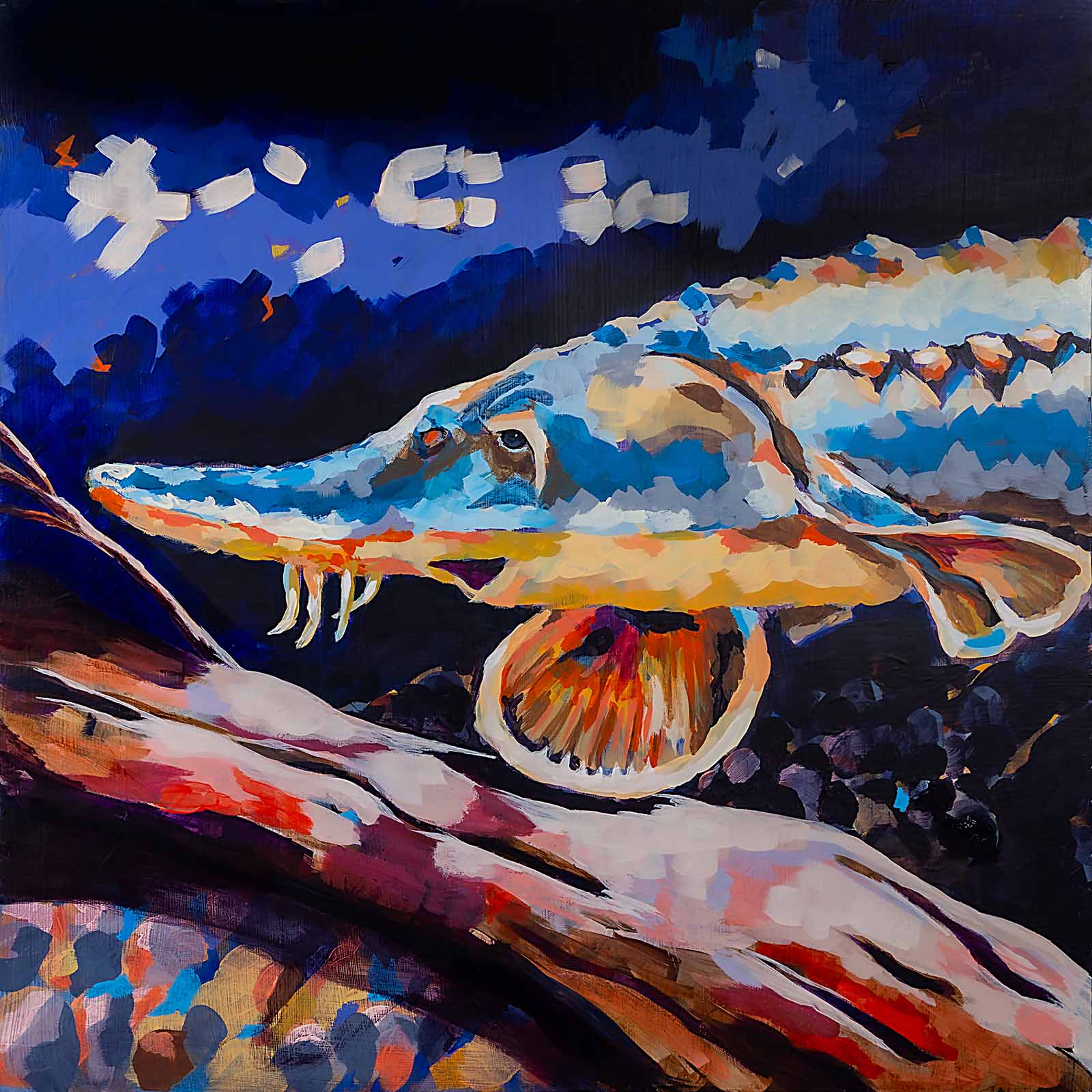 Colorful painting of a fish underwater.
