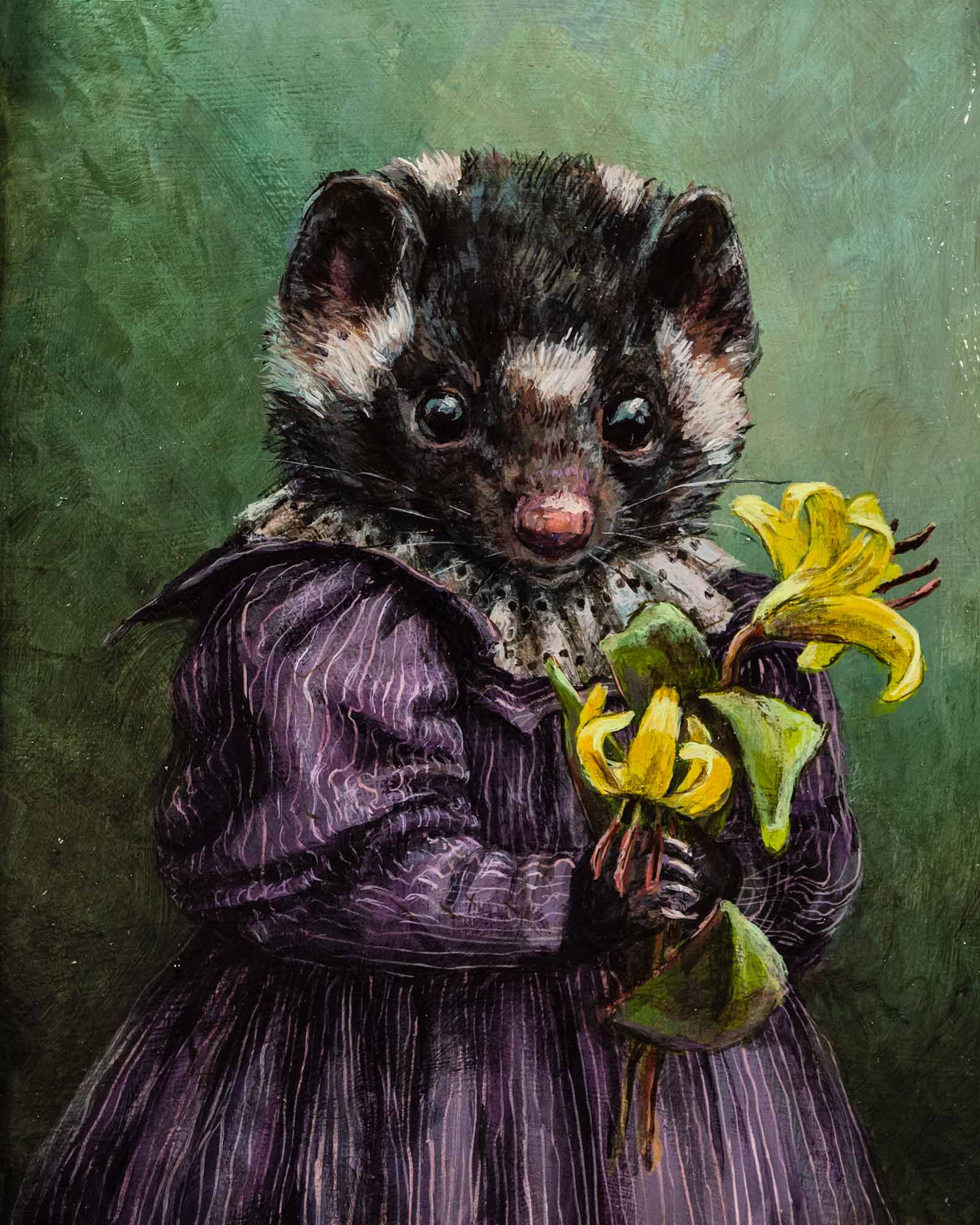 Painting of a small mammal dressed in purple and holding yellow flowers.