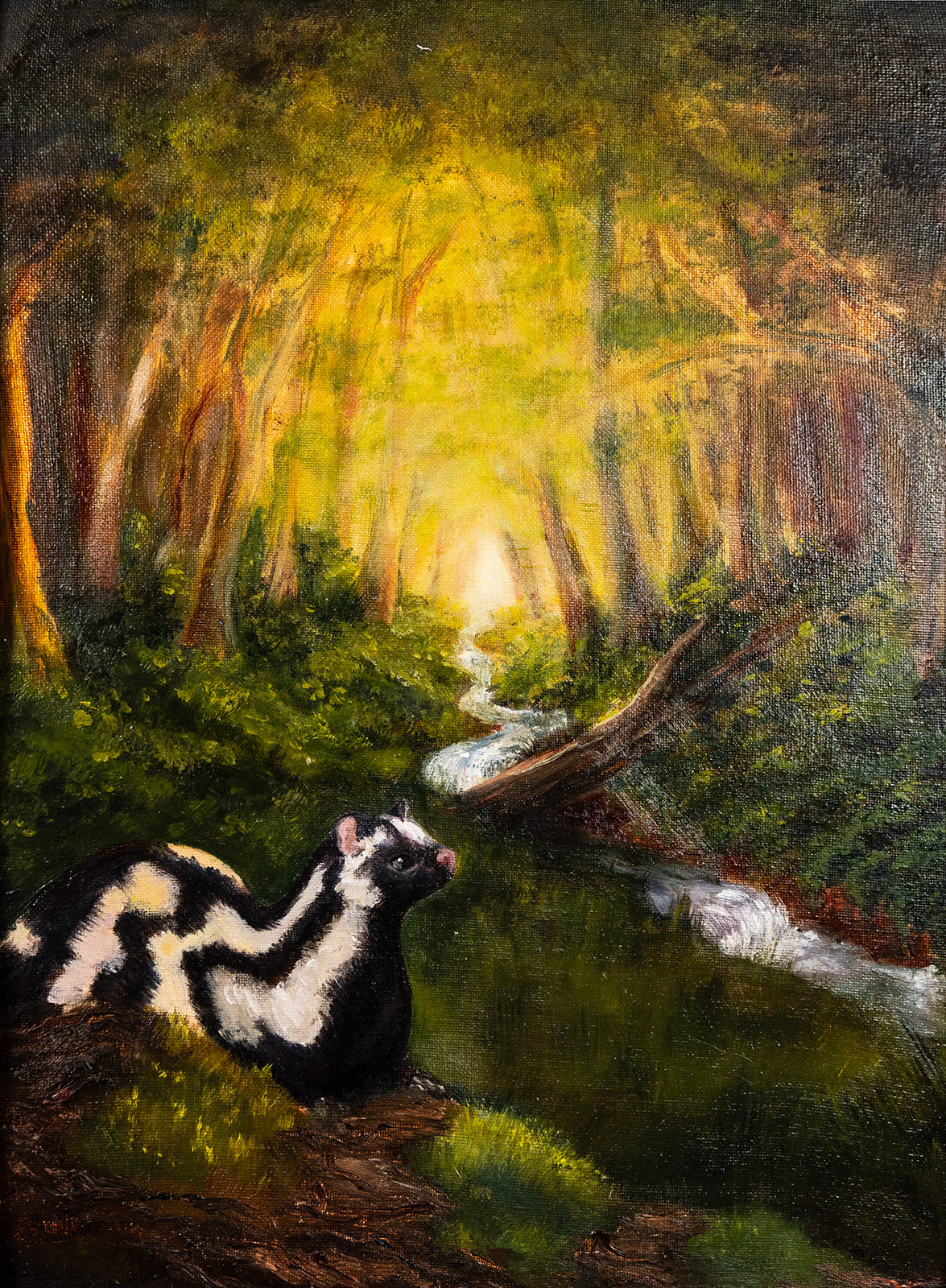 A painting of a spotted skunk by a stream, with the sun streaming through the trees in the background.