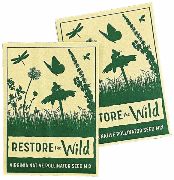 A brown paper packet of seeds, labeled Restore the Wild: Virginia Native Pollinator Seed Mix