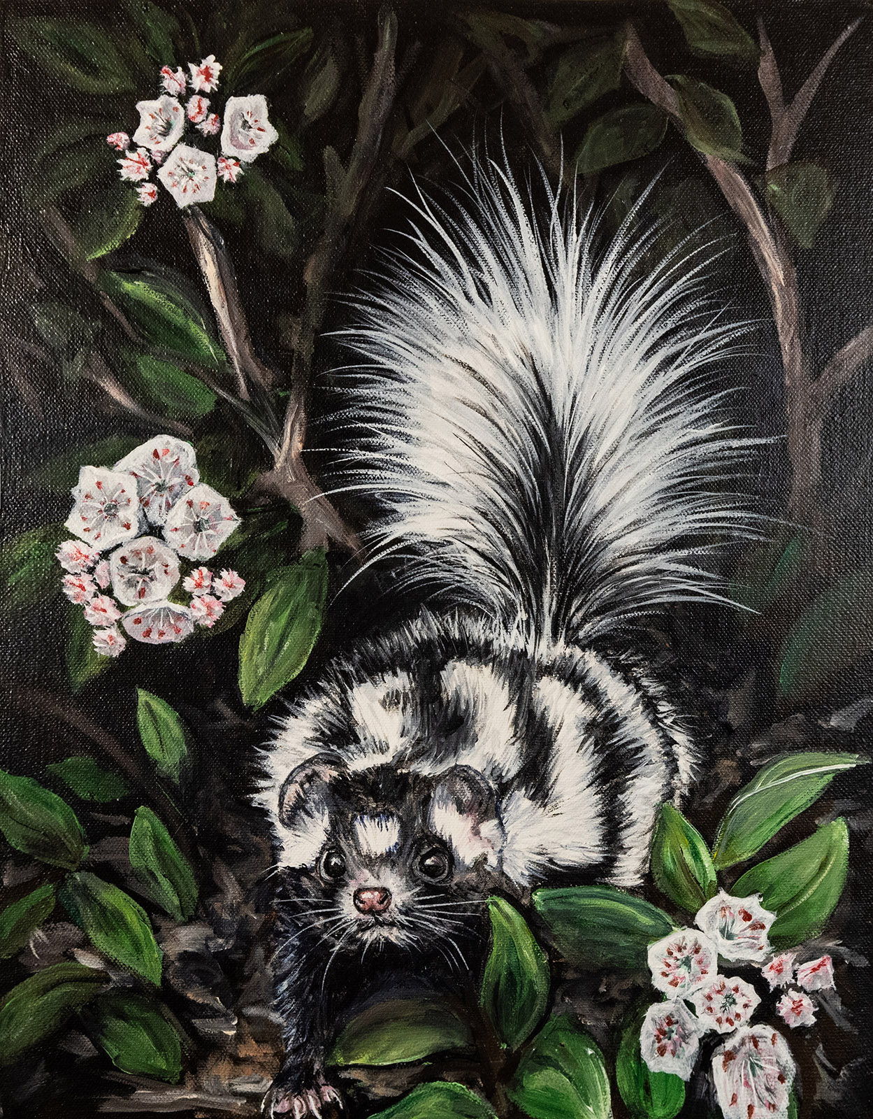 A drawing of a spotted skunk with tail held high walking out of a bush of leaves and flowers.
