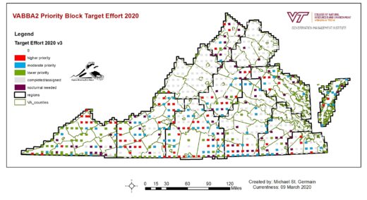 An image of the Virginia birding effort target map; it prioritizes the Appalachian mountain range and the extremities of the state