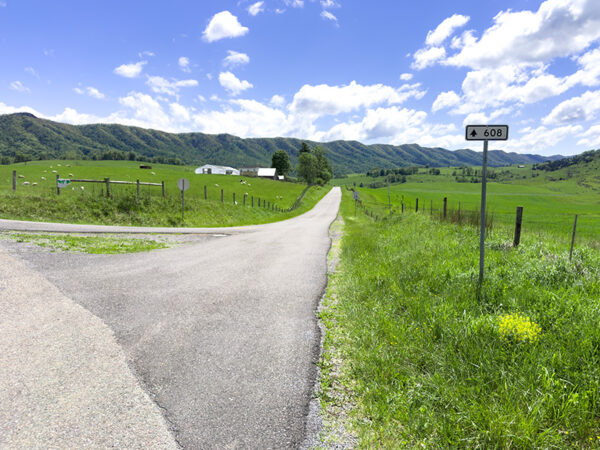 A scenic rural landscape featuring a paved road that forks into two directions. On the left, the road leads into a lush green field with rolling hills in the background, while on the right, the road continues straight towards a distant farm. A signpost indicating "608" is visible on the right side of the road. The sky is bright blue with fluffy white clouds scattered throughout.