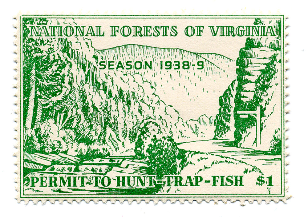 An image of an old stamp that was designed based on the hunting permit of 1938