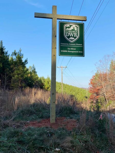 A sign reading Tye River Wildlife Management Area
