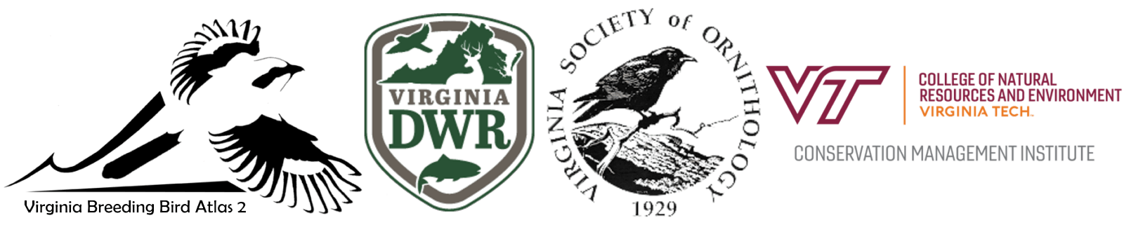 The logos for the Virginia DWR, Virginia Breeding bird atlas 2, Virginia society of Ornithology and Virginia Tech.