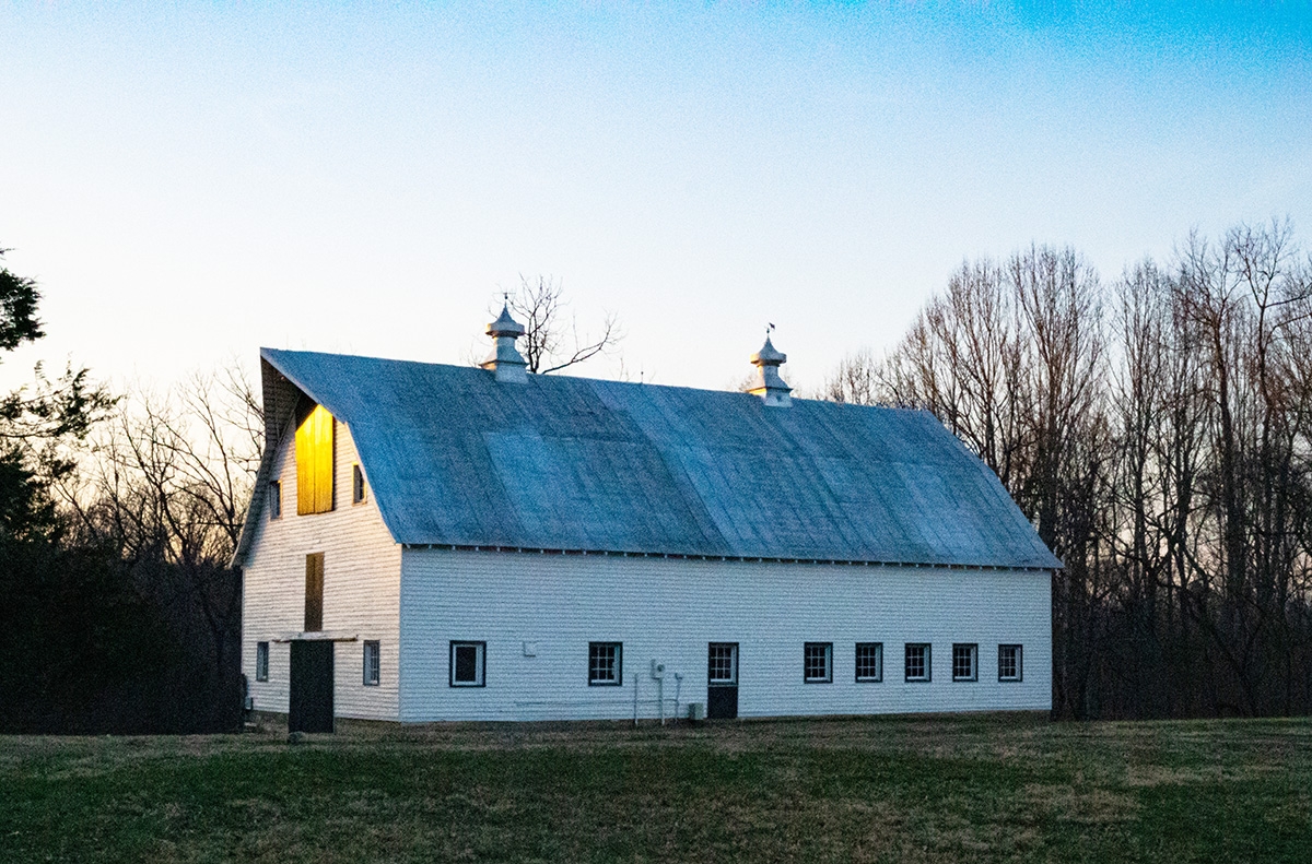 An image of a white barn with a tin roof