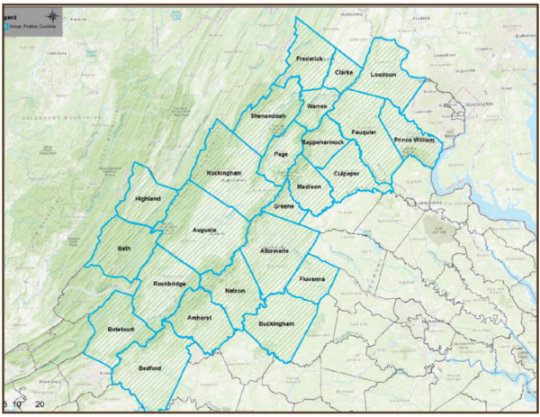 A map of the counties in Virginia which are being monitored for mange