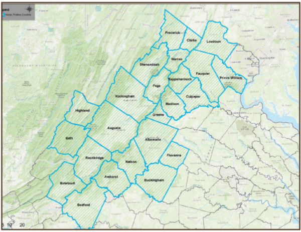 A map of the counties in Virginia which are being monitored for mange