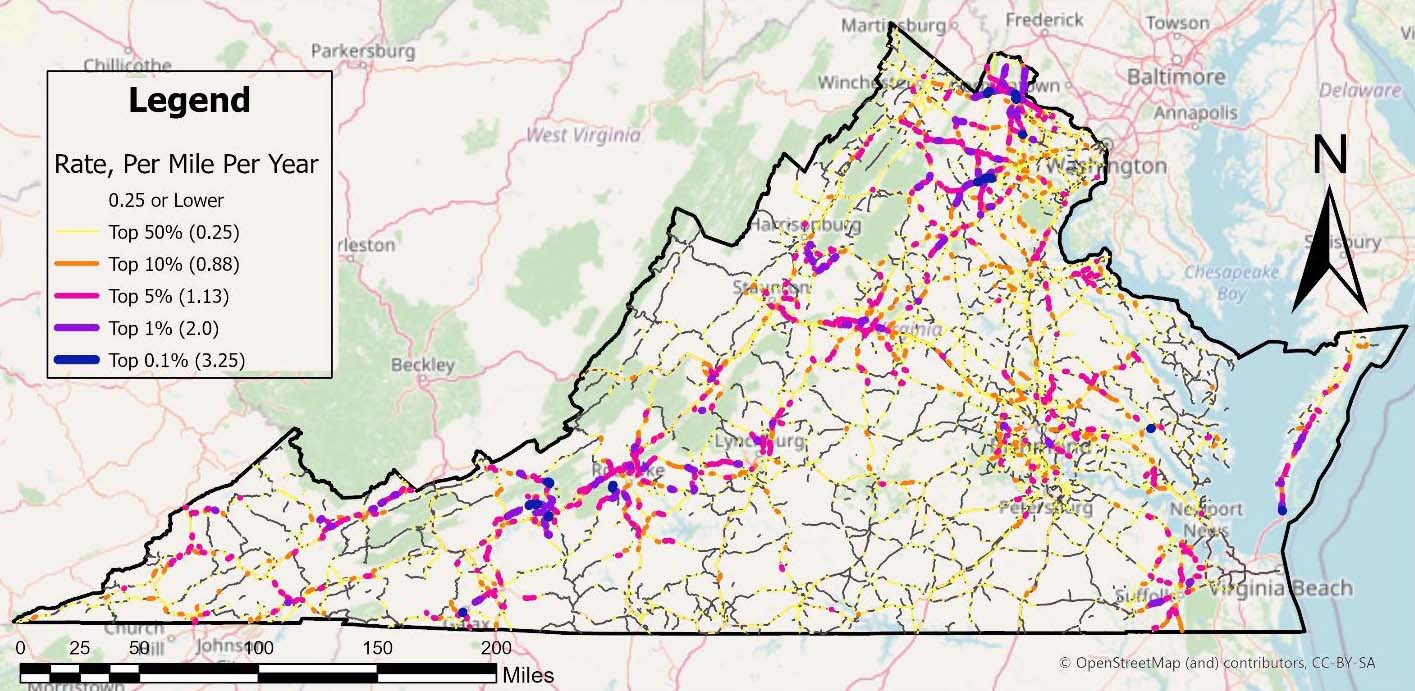 A map of Virginia showing reported wildlife-vehicle occurrence rates per one-mile road segments.