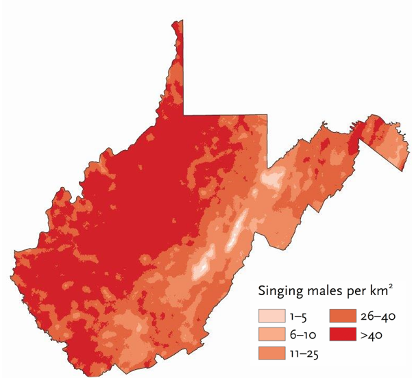 Wood Thrush density map (abundance per square km) from the Second Atlas of Breeding Birds in West Virginia they are densest in the western section of the state