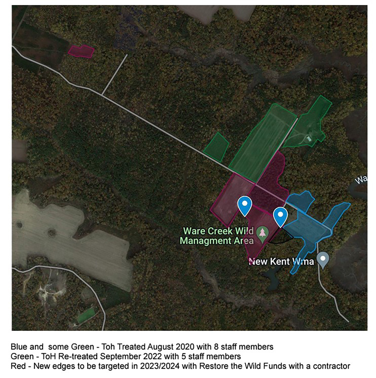 A map of three different treatment plans and where they will occur in Ware Creek WMA