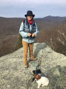 A girl and a small dog on top of a mountain outlook