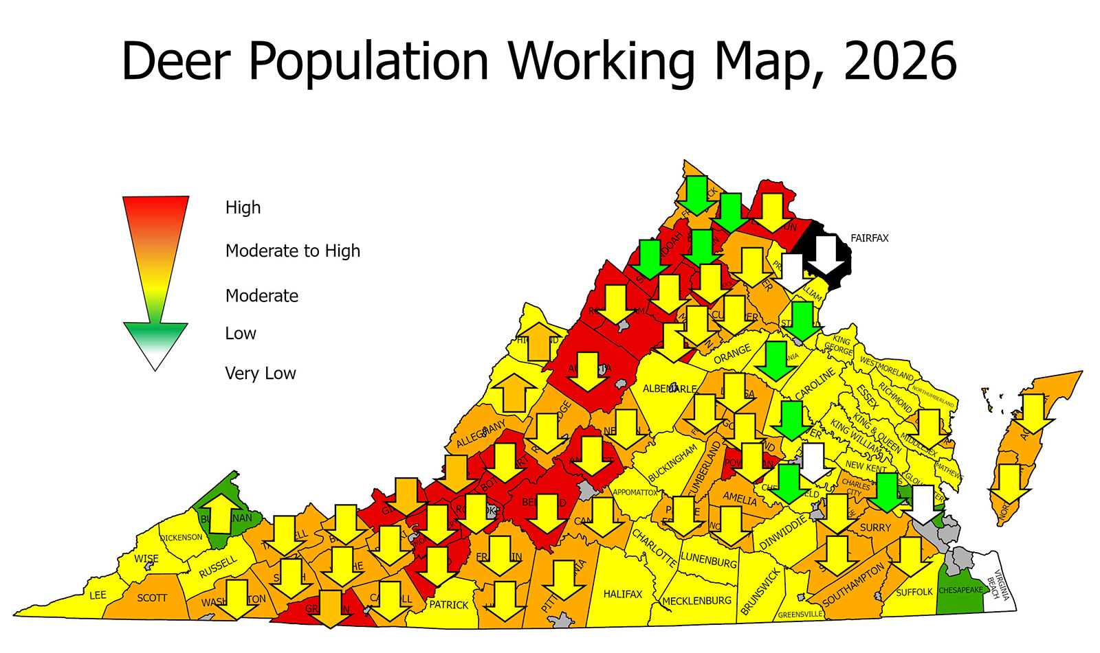 A map of Virginia showing each county in green, yellow, orange, or green, with arrows pointing down on many counties.