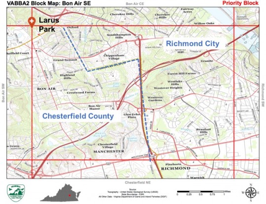 Figure 1. Bon Air SE Priority Atlas block.  Note: county and city lines divide this block (blue dotted line). This is a pdf map downloaded from the VABBA2 Block Explorer tool.  Every block has these maps for download. 