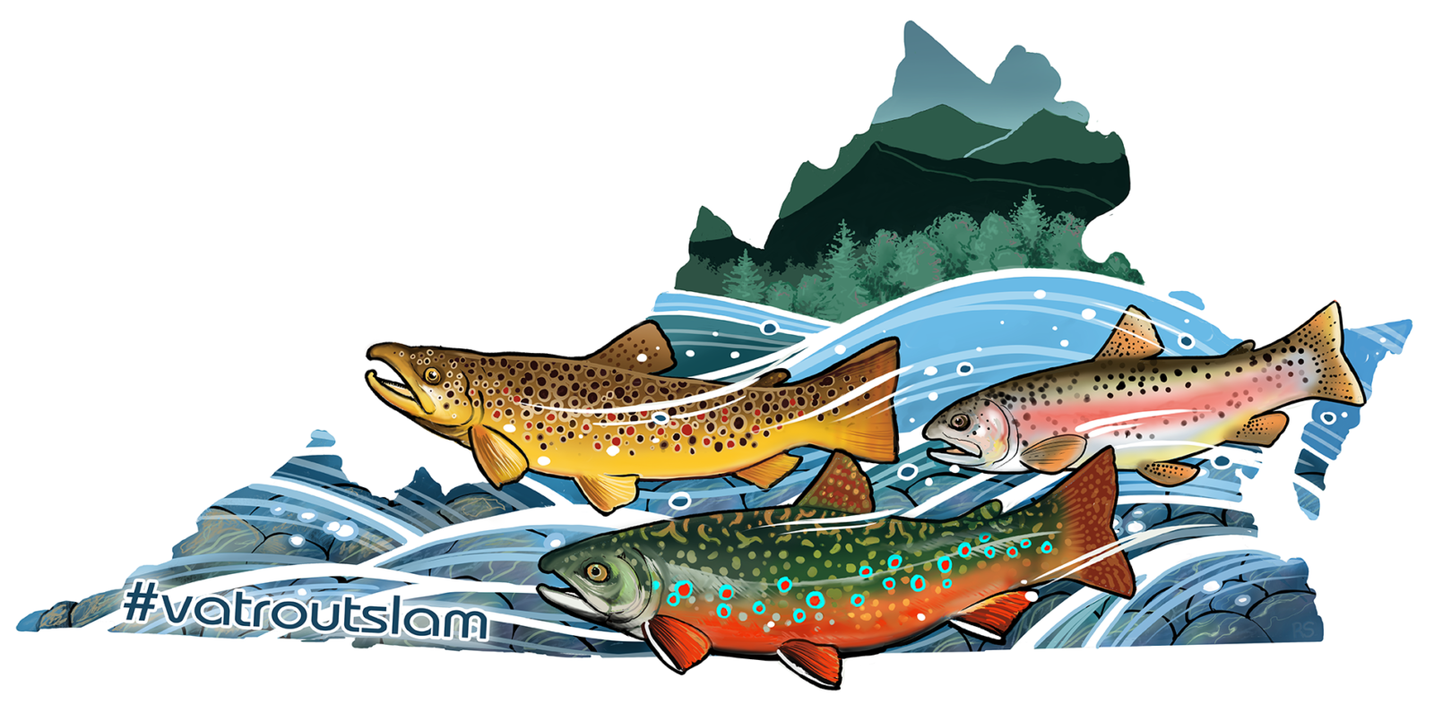An piece of artwork by Ron Shearer of three trout in a steam near a forest shaped like the state of Virginia with on the lower left hand side a hashtag labeled "VA trout slam"